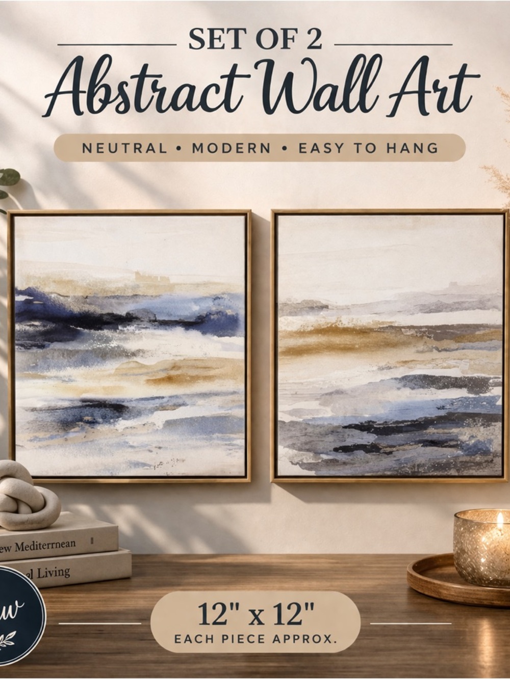 Abstract Coastal Set of 2 Wall Art Prints - Blue, Gold, Cream